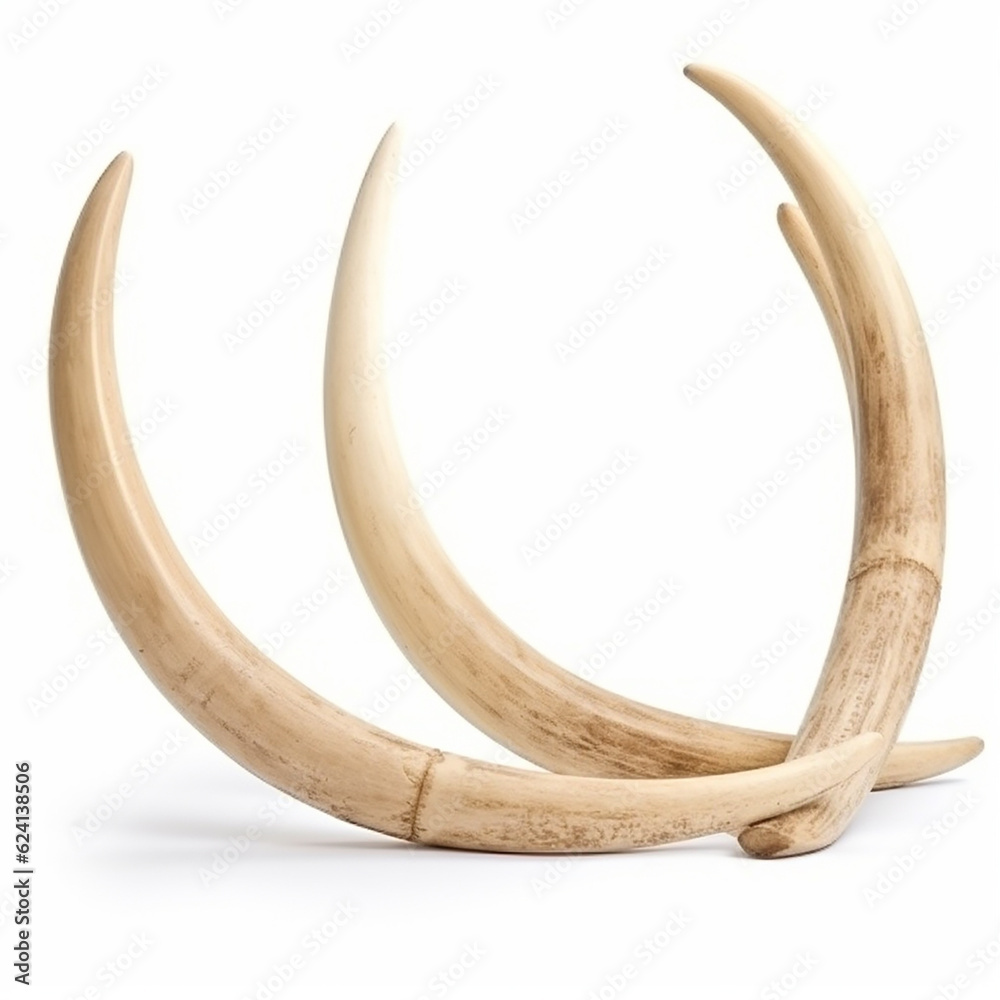Elephant tusks, ivory, close-up, isolated on white background, generative ai Elephant tusks, ivory, close-up, isolated on white background, generative ai