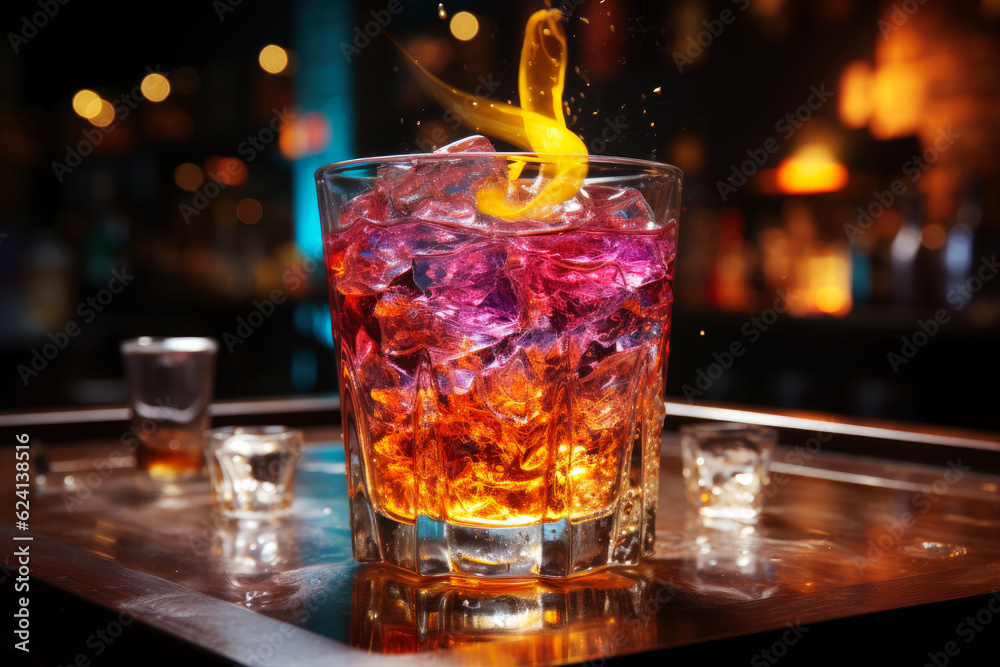 Multicolor alcoholic cocktail with fire and smoke in a bar, nightclub party concept, AI Generated Multicolor alcoholic cocktail with fire and smoke in a bar, nightclub party concept, AI Generated