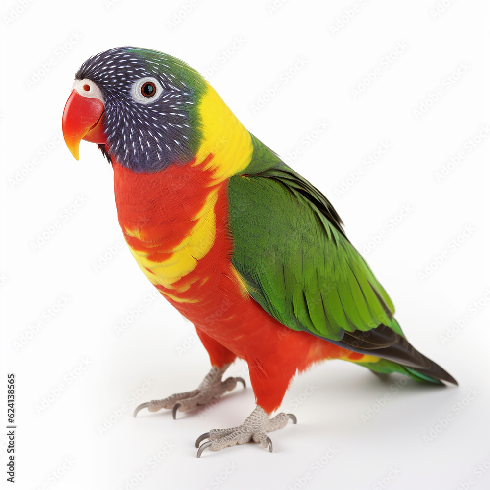 Lori parrot isolated on white close-up, beautiful pet, sociable bird, generative ai