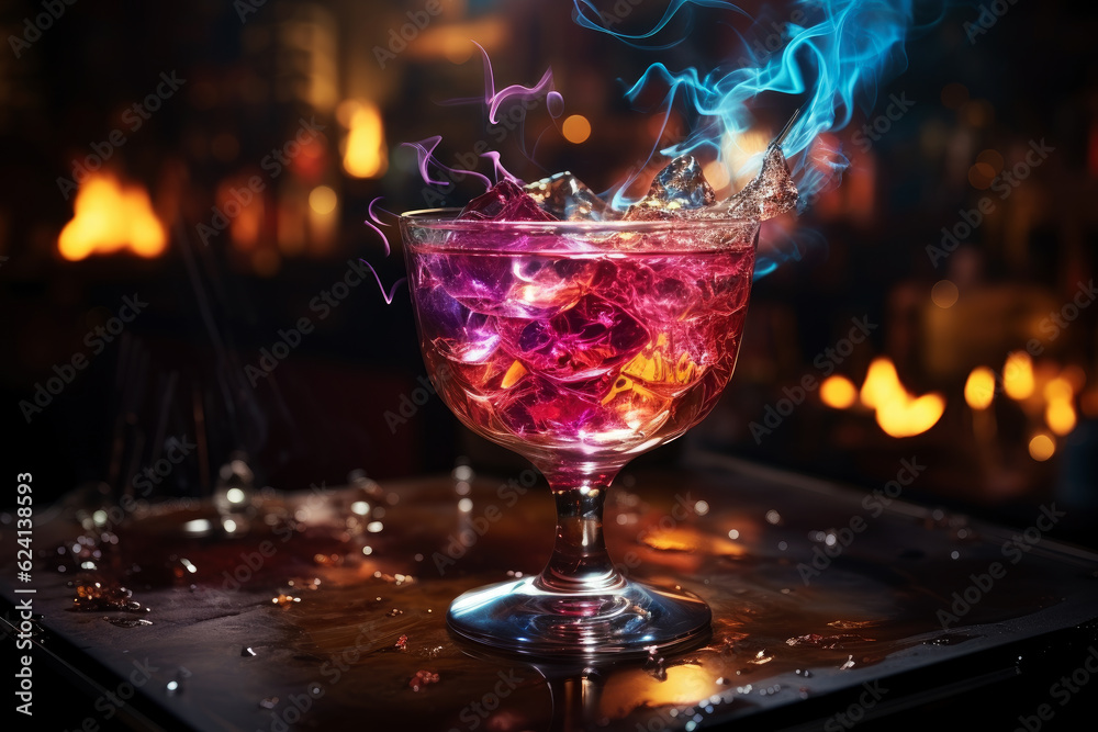 Multicolor alcoholic cocktail with fire and smoke in a bar, nightclub party concept, AI Generated