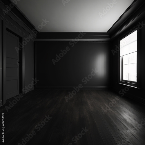 Empty black room, room with black walls, floor without furniture, generative ai