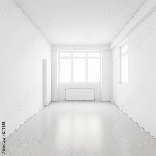Empty white room, room with white walls, floor and ceiling without furniture, generative ai