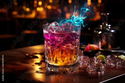 Multicolor alcoholic cocktail with fire and smoke in a bar, nightclub party concept, AI Generated