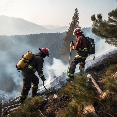 Firefighters in protective suits and masks extinguish a fire in nature in the mountains, hot summer, forest fires, generative ai