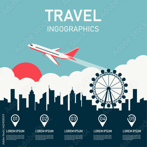 Travel infographics transport on blue background. Holiday tourism business poster. Airplane flying over city buildings. vector illustration in flat design. can be used for workflow layout, diagram.