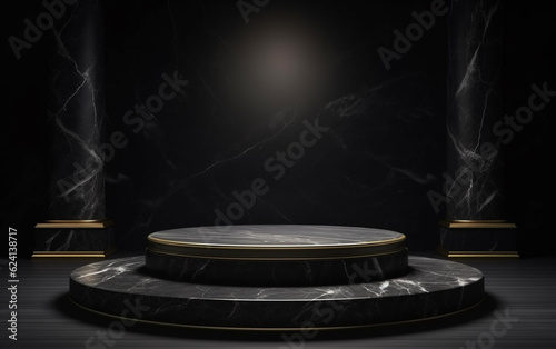 Black marble showcase product background stand or podium pedestal on dark display