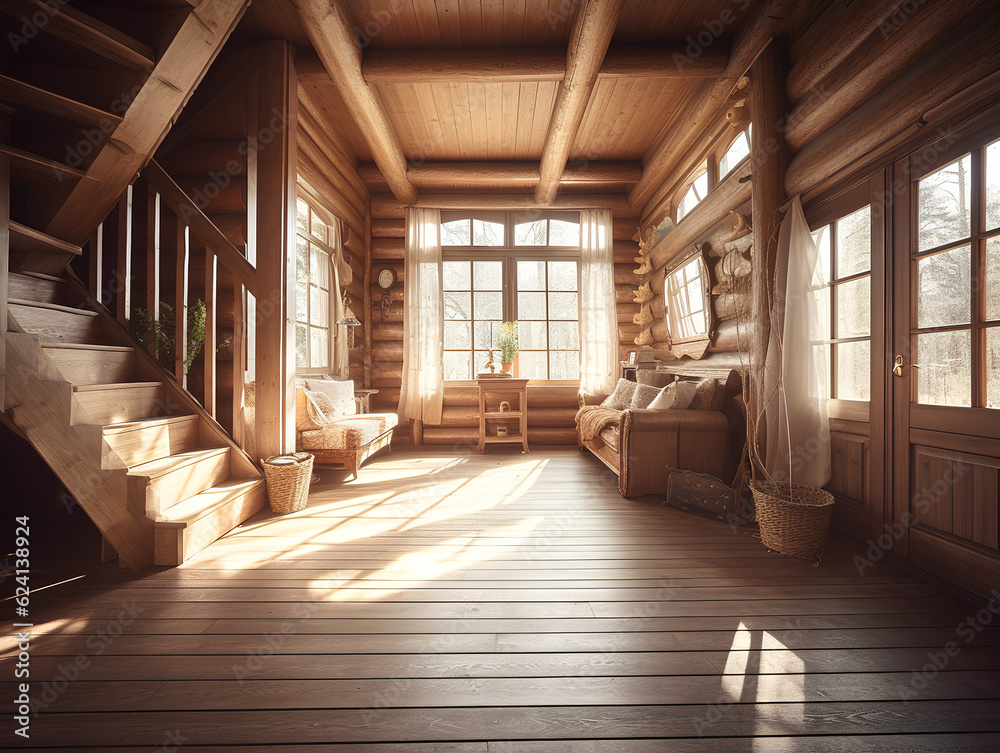 wooden interior of a country house spacious living room on the second floor, AI Generation