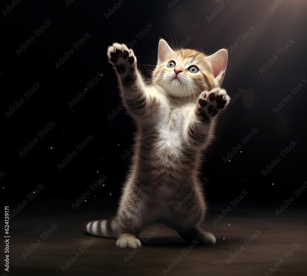 Fototapeta premium Portrait of a beautiful kitten standing tall on the floor dark brown background colours 