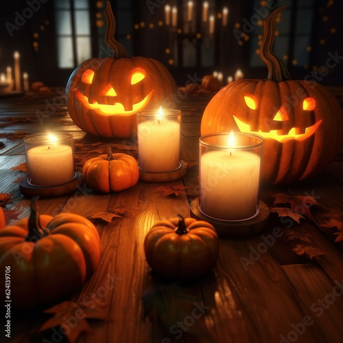 Square illustration, halloween pumpkins. AI generative.