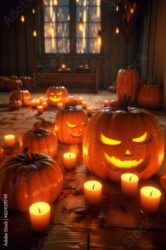 Halloween pumpkins, vertical illustration. AI generative. © Iaroslav