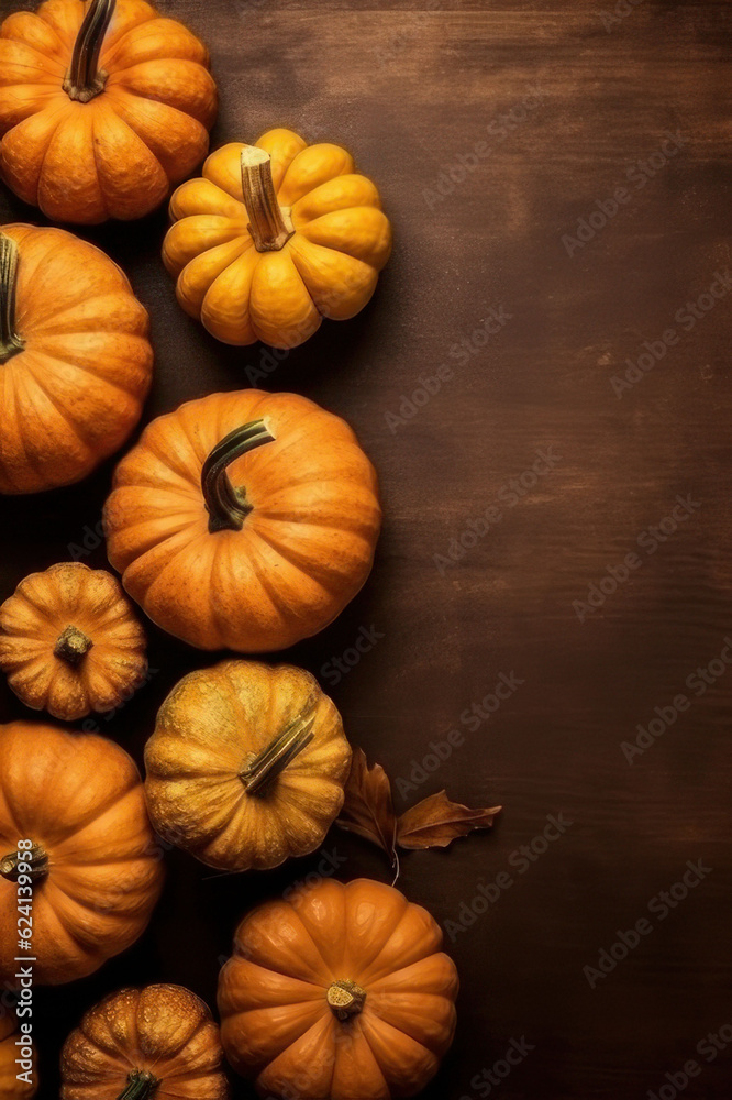 Vertical background with copy space, pumpkins, flatlay. AI generative. Vertical background with copy space, pumpkins, flatlay. AI generative.