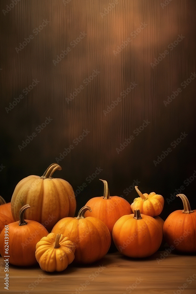 Vertical background with copy space, pumpkins on brown wall background. AI generative.