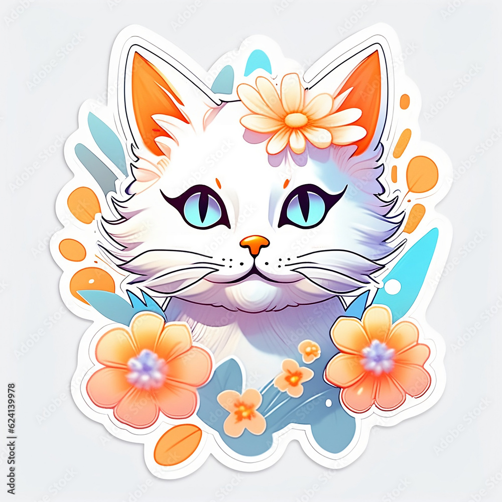 Fototapeta premium Whimsical Studio Ghibli-style sticker with a vivid cute kitten head amidst fantasy flowers. Retro and dreamy design.