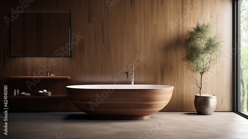 Minimalist interior design of modern bathroom with wooden panel and wall mounted vanity generative ai