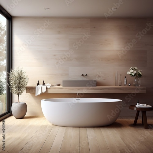 Minimalist interior design of modern bathroom with wooden panel and wall mounted vanity generative ai