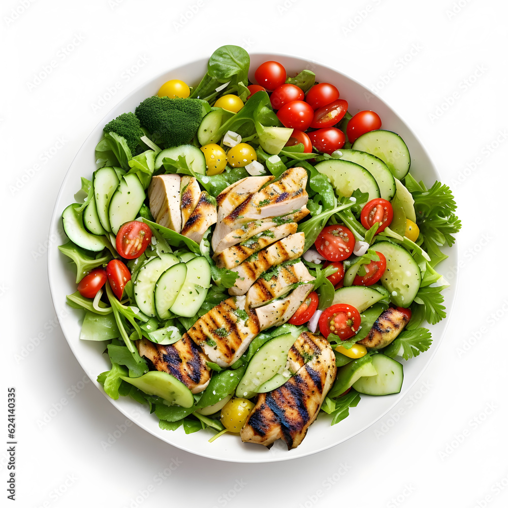 Refreshing and vibrant salad bowl filled with mixed greens, grilled chicken, cherry tomatoes, cucumbers, and a zesty dressing. Generative AI Refreshing and vibrant salad bowl filled with mixed greens, grilled chicken, cherry tomatoes, cucumbers, and a zesty dressing. Generative AI