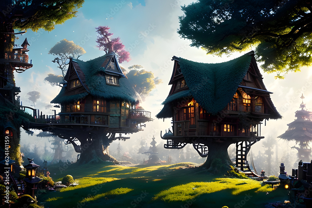 Treehouse With Color treehouse, pale light in windows, complementary colors, global lighting ...
