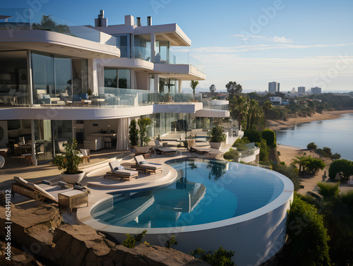 spacious modern villa with large windows, AI Generation © LlexusS