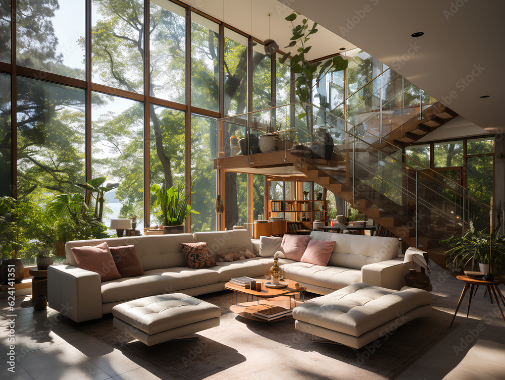 Fototapeta premium spacious modern villa with large windows, AI Generation