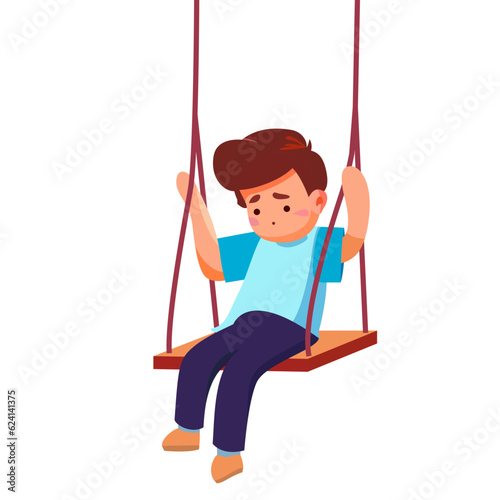 Sad boy swinging by himself isolated flat style vector illustration, Kid on a swing stock vector image