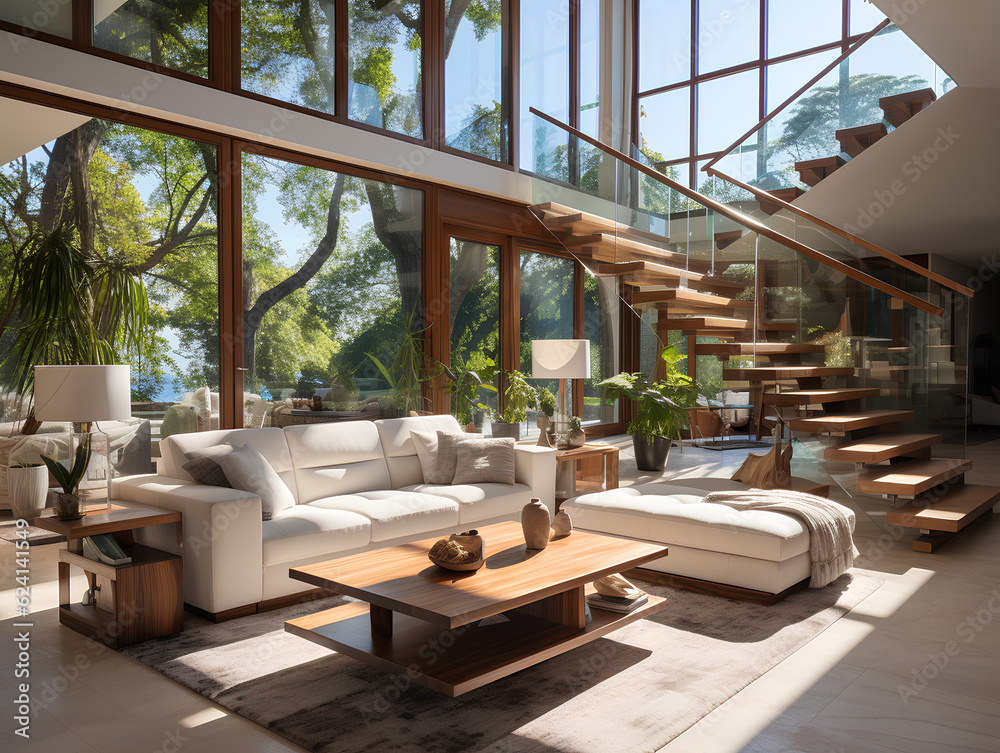 Fototapeta premium spacious modern villa with large windows, AI Generation