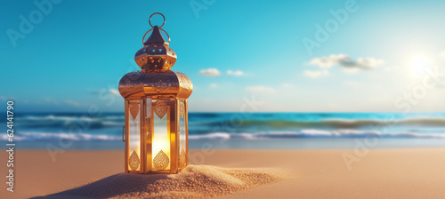 Ramadan lantern in a tropical summer beach. Golden sand beach  ocean against blue sky
