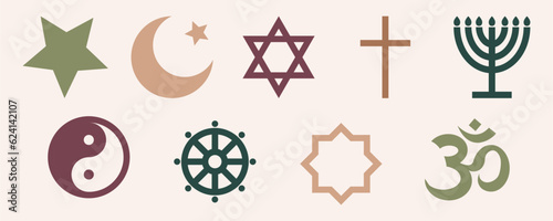 World religious symbol set elements. Collection of shape silhouette - islam, judaism, buddhism, christian, taoism, menorah. Vector flat illustration isolated on white background. photo