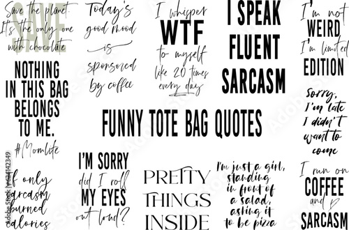 Tote bag quotes set. Saying about handbag, pocketbook cut files, funny tote bag t shirt bundle. Vector design.