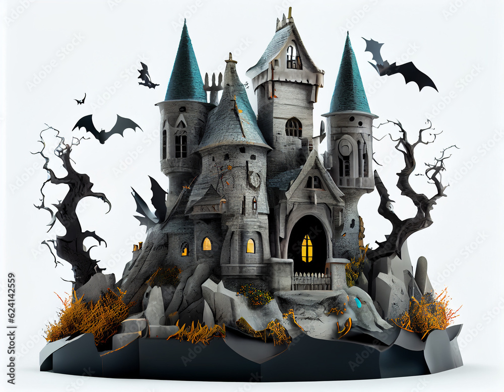 Haunted castle for Halloween festival on white background