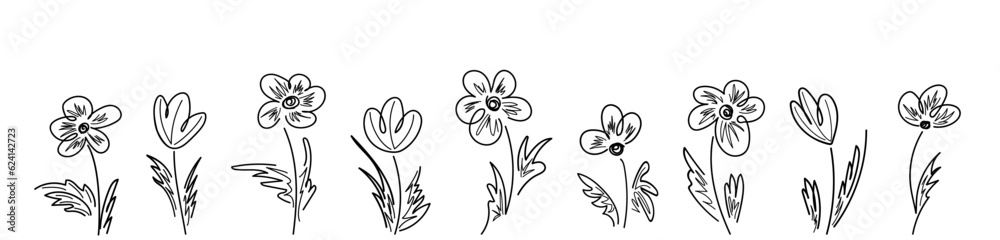 Chamomile, daisy, tulip hand drawn black paint vector set. Monochrome drawing artistic botanical ink illustration of flowers and leaves. Isolated floral elements Chamomile, daisy, tulip hand drawn black paint vector set. Monochrome drawing artistic botanical ink illustration of flowers and leaves. Isolated floral elements