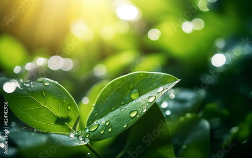 Spring natural background. Big drop of water with sun glare on leaf sparkles in sunlight in beautiful environment