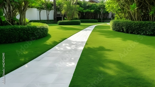 Path way with beautiful trees across green grass in beautiful garden. AI generative image. 