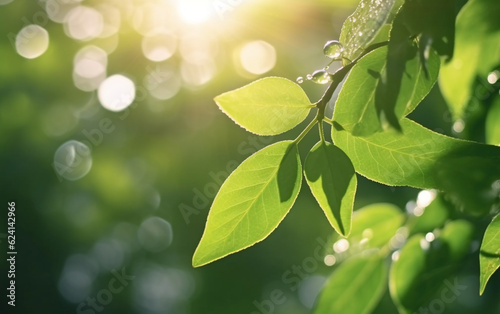 Spring natural background. Big drop of water with sun glare on leaf sparkles in sunlight in beautiful environment
