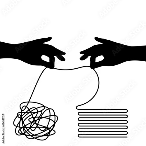 Unravel the mess. Hands unravel the ball of thread. The concept of psychotherapy and psychology. Help in solving problems. Putting in order, structuring, straightening.