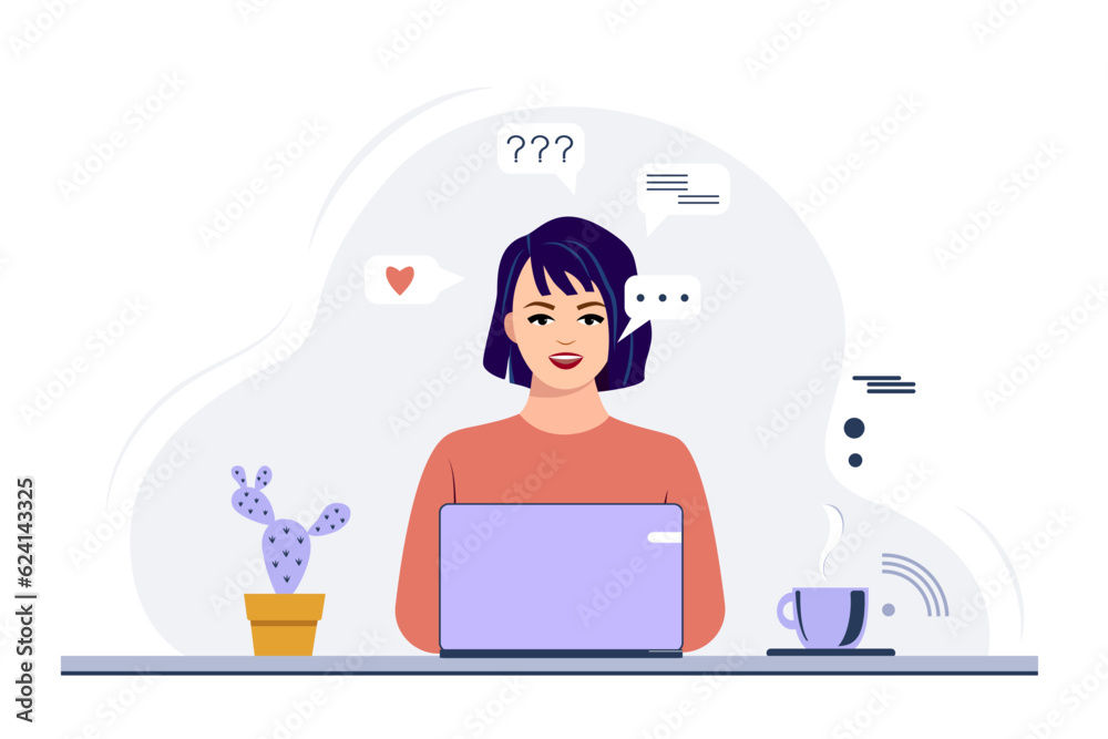 Young woman is sitting at a laptop. Girl is working on a laptop. Conceptual illustration of online remote work, education, image work, office, recruitment. Vector illustration in flat style Young woman is sitting at a laptop. Girl is working on a laptop. Conceptual illustration of online remote work, education, image work, office, recruitment. Vector illustration in flat style