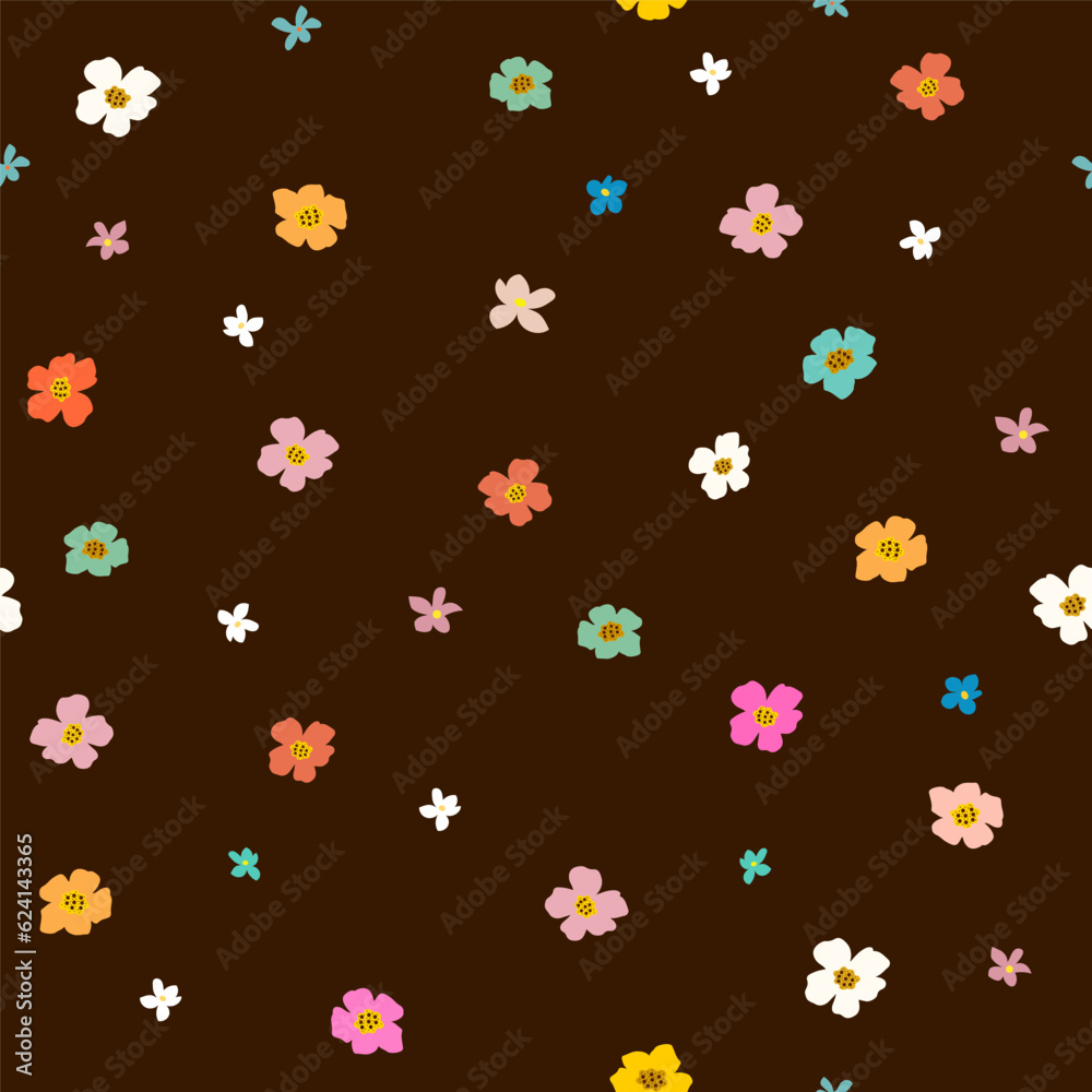 Seamless floral pattern. Multicolored small simple flowers on a dark background. Botanical fashion print for women's dresses