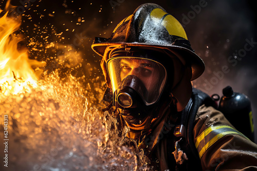 Heroic firefighter works in fire flame and water spray. Generative AI illustration