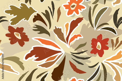 Seamless botanical pattern modern collage of doodles of various pattern shapes - flowers, spots, dots, twigs. Ink sketch of natural earthy colors. Vector illustration 