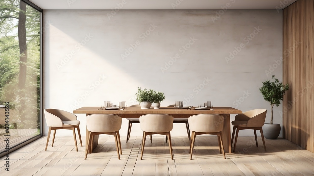 Minimalist interior design of modern dining room with wooden table and chairs generative ai