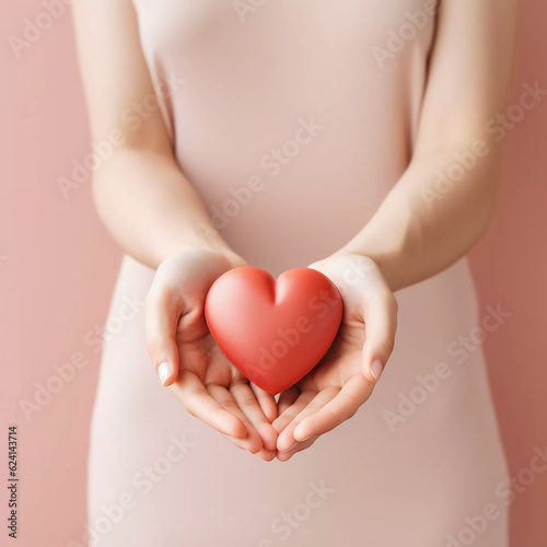 Woman hands holding red heart, Happiness moment, Health care, donate and family insurance concept, World heart day, world health day, CSR responsibility, Hope, Gratitude, Kindness. Generative AI.