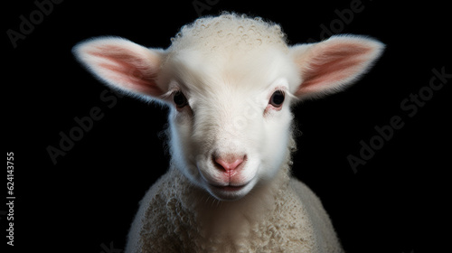 White lamb isolated on black background. cute portrait of a fluffy sheep