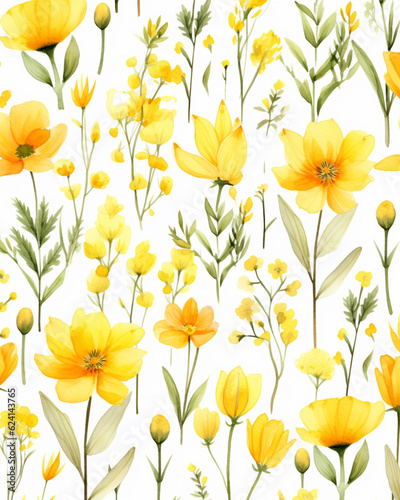 Yellow flowers watercolor seamless patterns