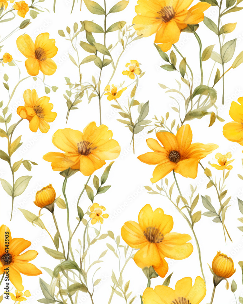 Yellow flowers watercolor seamless patterns