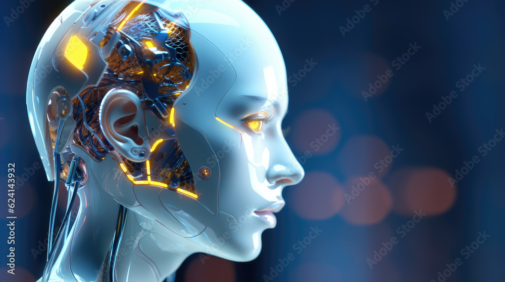 Side view of a humanoid robotic head blue and yellow vibrant neon neural network, representing futuristic technology and artificial intelligence, close up Side view of a humanoid robotic head blue and yellow vibrant neon neural network, representing futuristic technology and artificial intelligence, close up