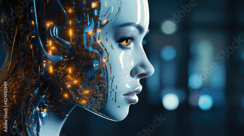 Side view of a humanoid robotic head  blue and yellow  vibrant neon neural network  representing futuristic technology and artificial intelligence  close up