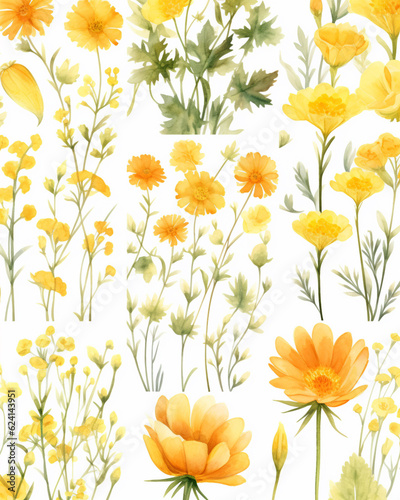 Yellow flowers watercolor seamless patterns