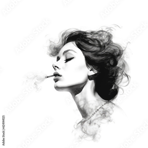 drawing of a woman smoking cigaret black and white on white background