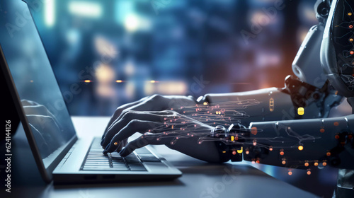 Robotic man hand pressing a keyboard on a laptop working  connecting with AI online and using a chat GPT. IT engineer software developer programmer  future world  Generated AI.