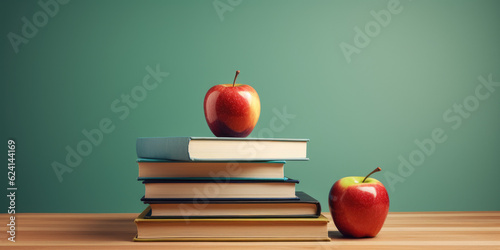 Stacked pile of books with an apple on top, symbolizing knowledge and academic success, set against a minimalist background with copy space. Education inspiration and personal growth