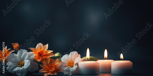 Flowers and candles for soul's day on a dark black gradient background